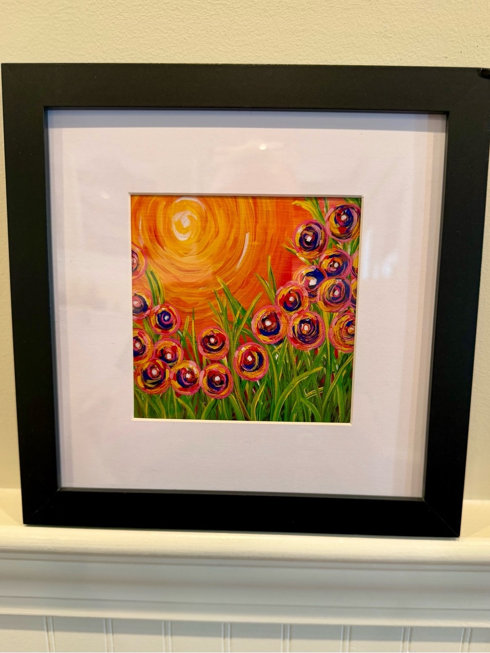 Framed Vibrant Floral Sunburst Painting in Orange & Purple
